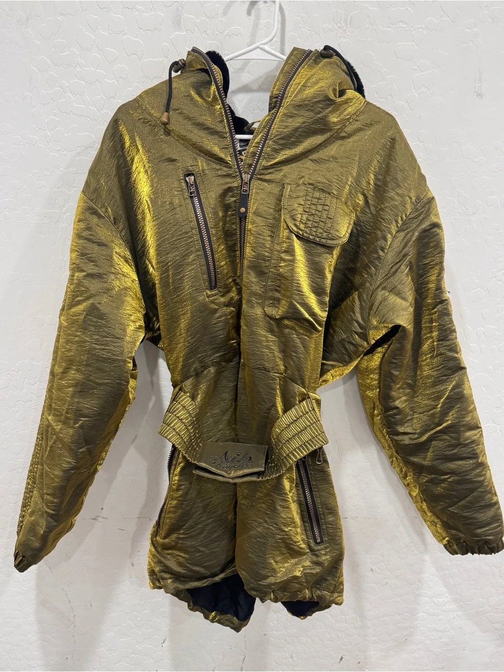 Vtg NILS Ski Jacket Metallic Gold Iridescent Peplum Smocked Waist 80s 90s Sz 12
